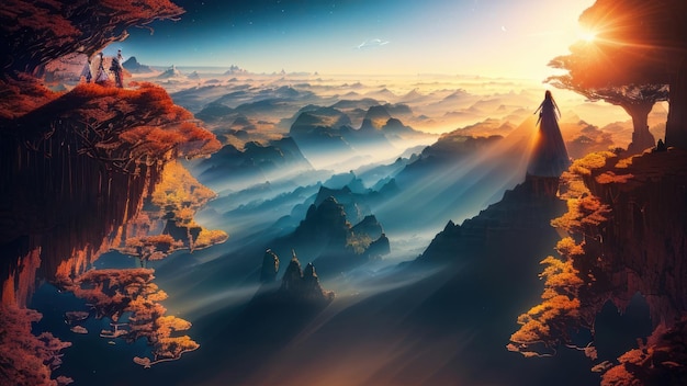 A digital painting of a sunrise over a mountain range