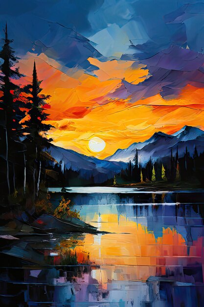 Digital painting of a sunset over a lake with mountains and trees in the background