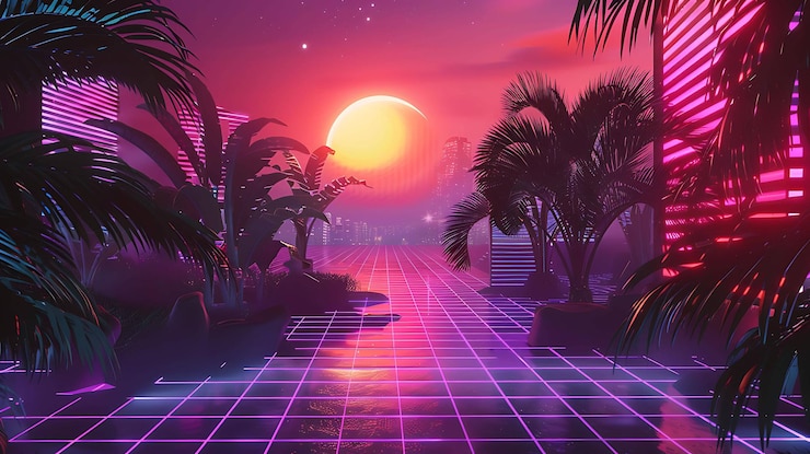 Photo a digital painting of a sunset with palm trees and a purple sky