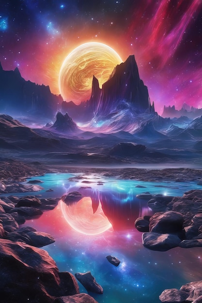 a digital painting of a sunset with a reflection of a planet.