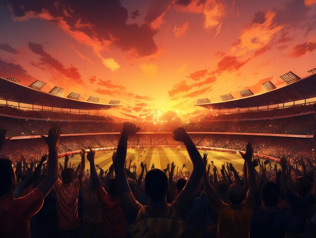 Digital painting of support back view of cricket cricket fans cheering their team