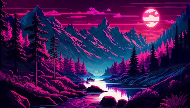 digital painting of synthwave vaporwave landscape sunset