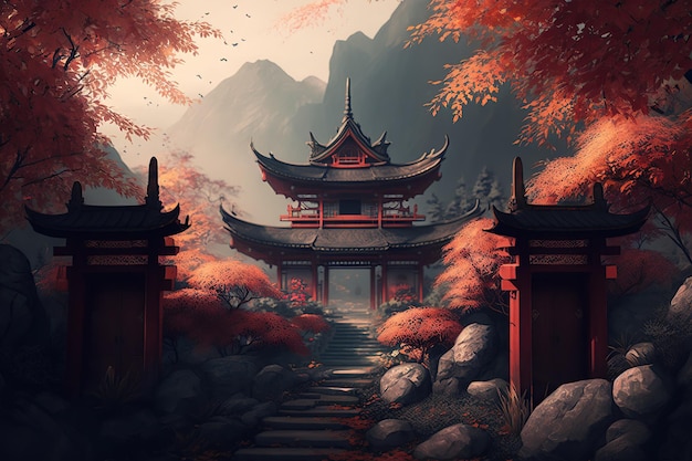 A digital painting of a temple in the mountains