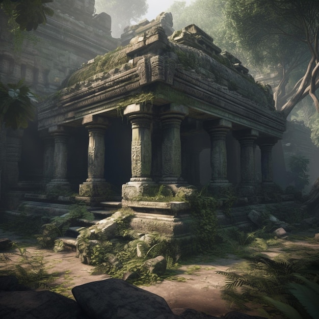 A digital painting of a temple with columns and columns.