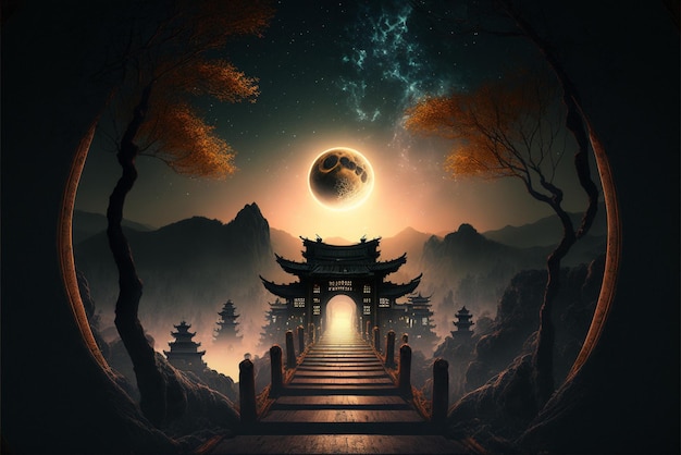 A digital painting of a temple with a moon in the background