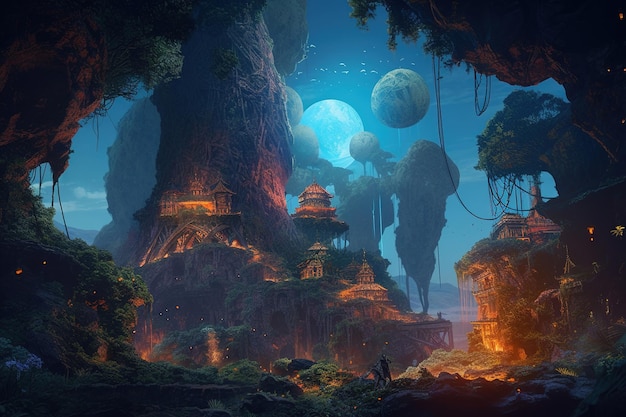 A digital painting of a temple with a planet in the background