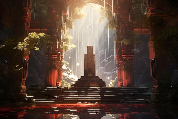 a digital painting of a temple with a red background and a cross in the middle.