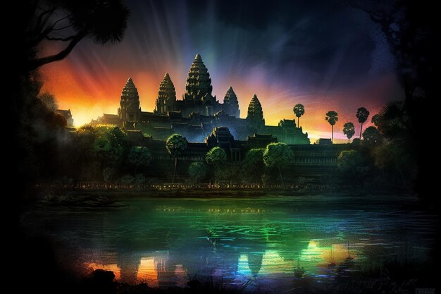 A digital painting of a temple with the sun shining on it.