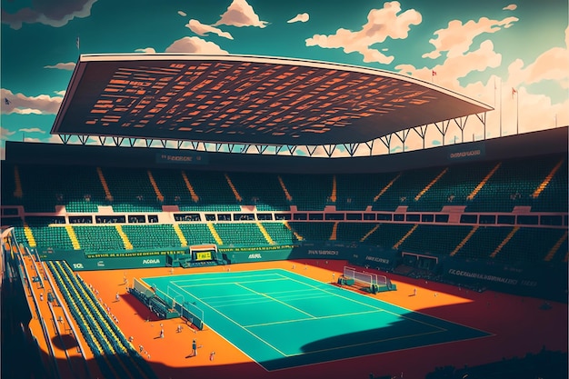 a digital painting of a tennis court with a picture of a tennis player on the wall.