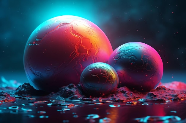 A digital painting of three spheres with a blue background.