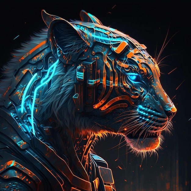 青い目をした虎のデジタル画で、顔に青い光が輝いています。