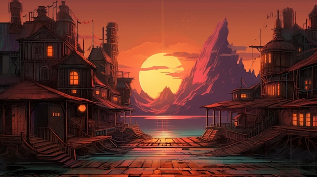 A digital painting of a town with a sunset in the background.