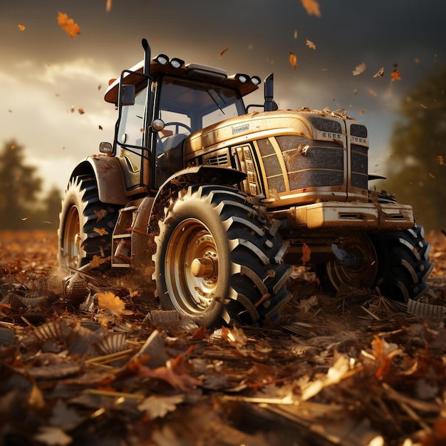 A digital painting of a tractor in a field of fallen leaves.