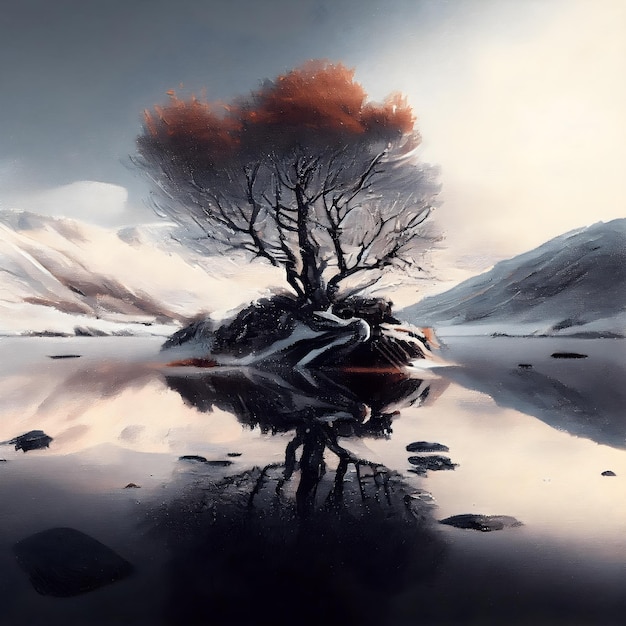 Digital painting of a tree on the shore of a lake in winter