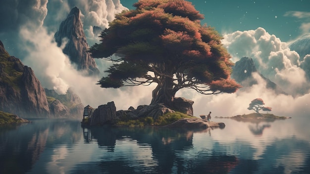 A digital painting of a tree on a small island with a mountain in the background