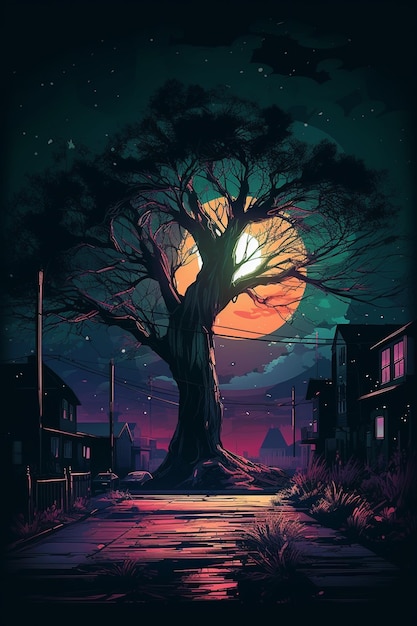 A digital painting of a tree with the moon in the background