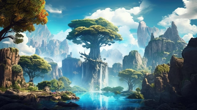 A digital painting of a tree with a waterfall in the background