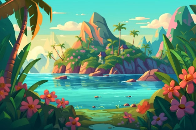 A digital painting of a tropical island with a tropical island and palm trees.