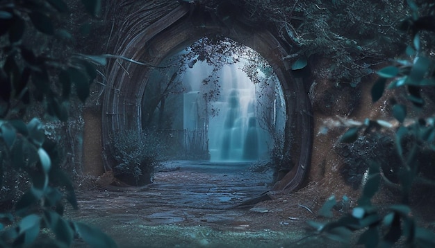 A digital painting of a tunnel with a waterfall in the background.