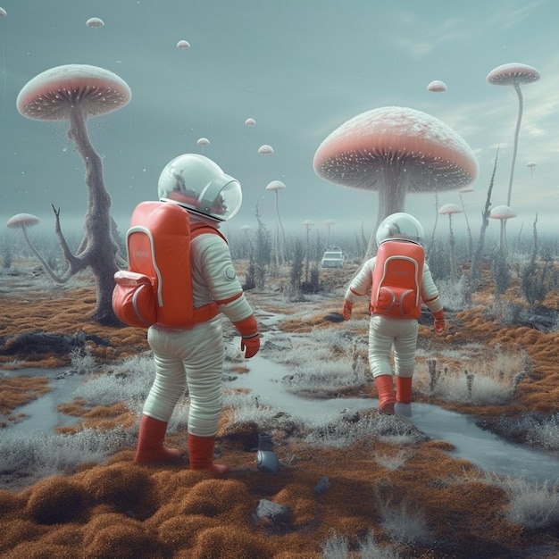 Un dipinto digitale di due astronauti che camminano in un campo con funghi a terra.