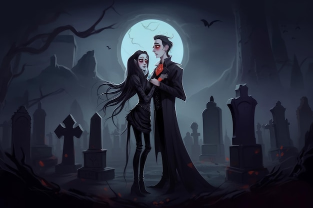 Digital painting of two gothic vampires in a graveyard with a haunted castle in the background fantasy illustration Generative AI