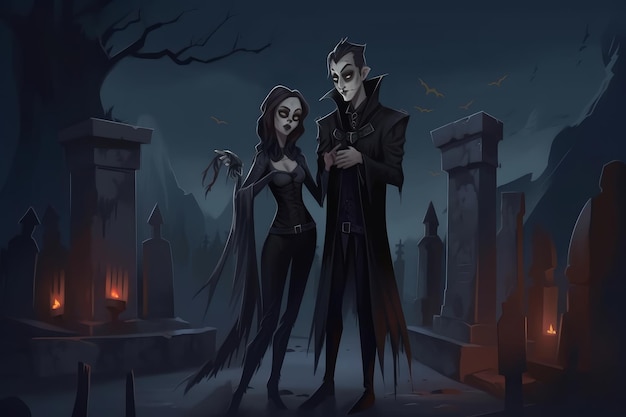 Digital painting of two gothic vampires in a graveyard with a haunted castle in the background fantasy illustration Generative AI