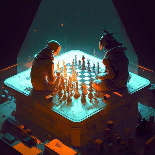 A digital painting of two people playing chess with a blue light behind them.