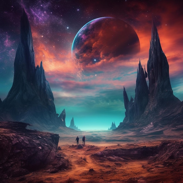 A digital painting of two people walking on a path with a planet in the background.