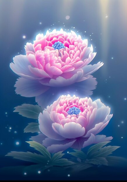 A digital painting of two pink flowers with the word love on the bottom.