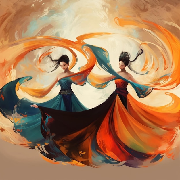 A digital painting of two women dancing with a yellow and orange swirl around their wings.