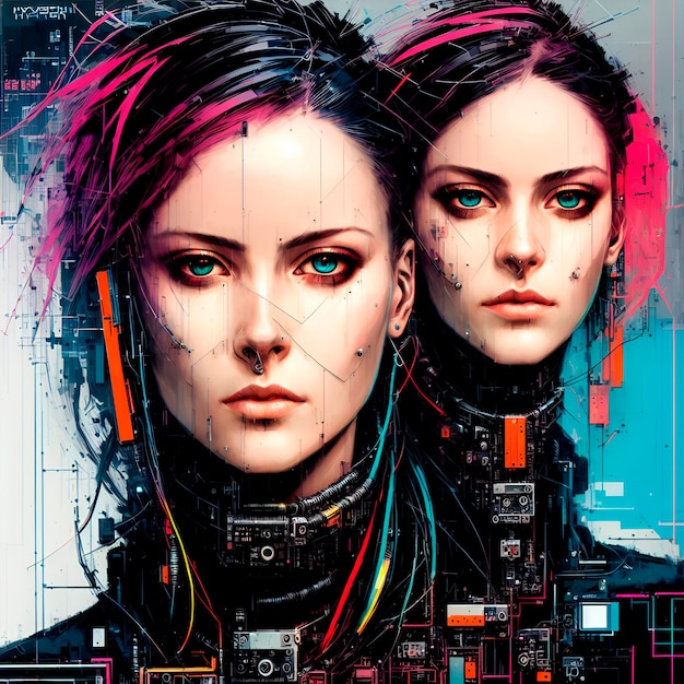 A digital painting of two women with different colored hair.