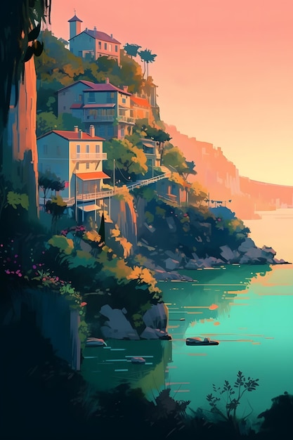 Digital painting of a village by person