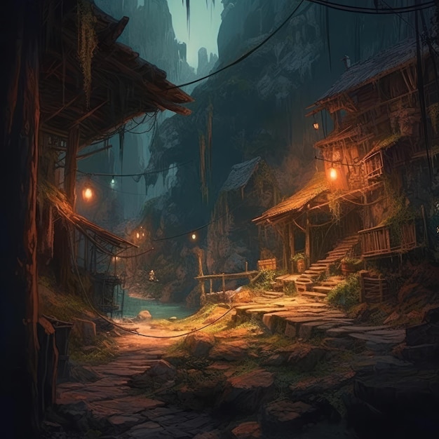 A digital painting of a village in the dark