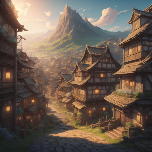 A digital painting of a village in the mountains.