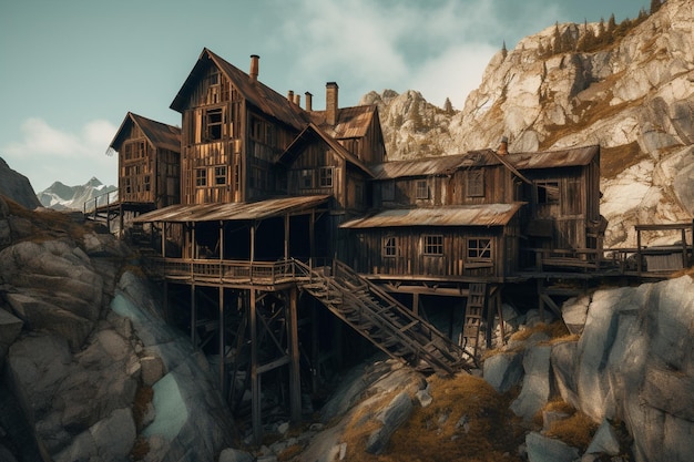 Цифровая картина деревни в горах.