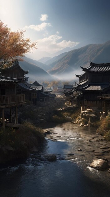 A digital painting of a village in the mountains.