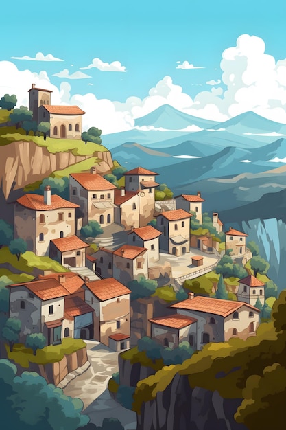 Digital painting of a village with a mountain in the background