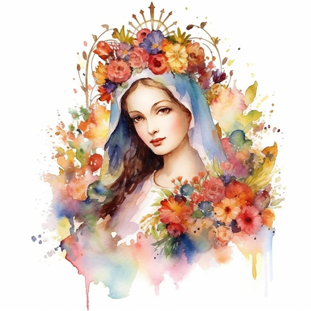 Digital painting of a virgin mary with spring flowers