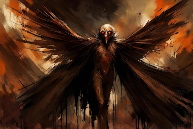 Digital painting of a vulture in the sky with fire and smoke