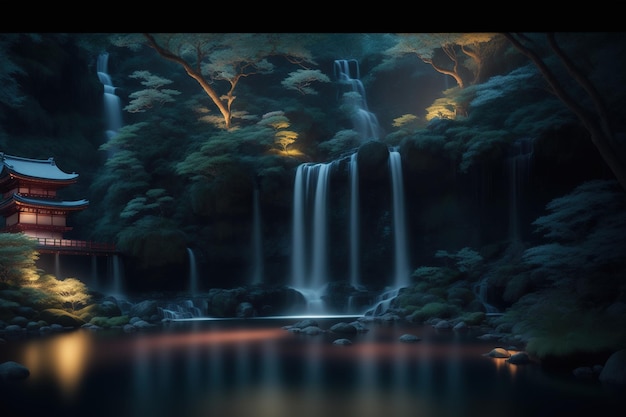 A digital painting of a waterfall in the forest