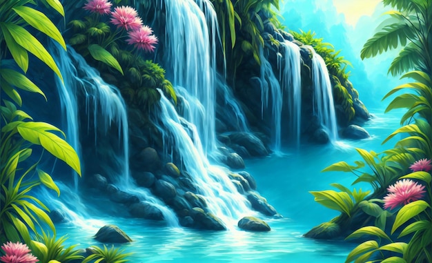 A digital painting of waterfall in the forest