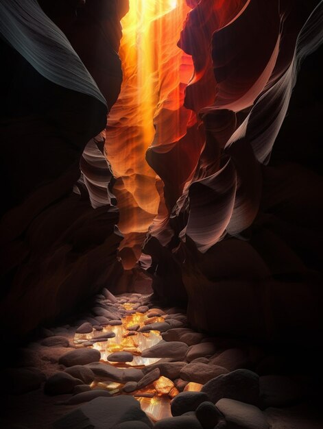 A digital painting of a waterfall with a light on it