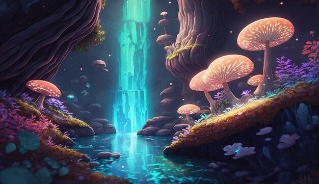 A digital painting of a waterfall with a mushroom on the bottom.