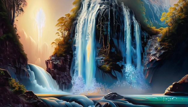 背景に滝がある滝のデジタル絵画。