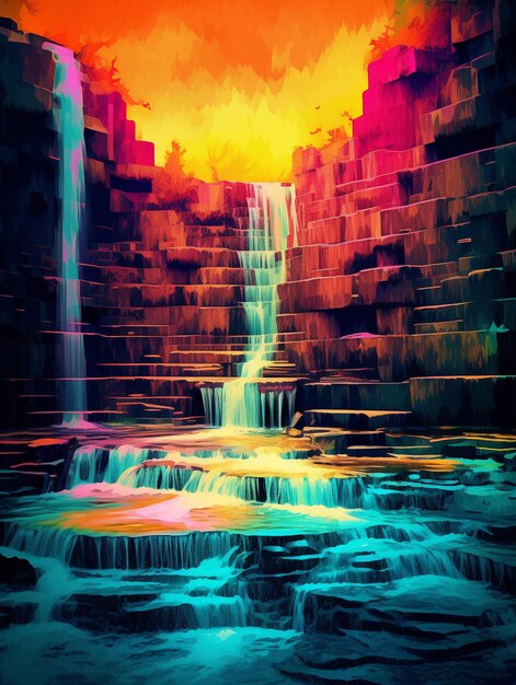 A digital painting of a waterfall with the words