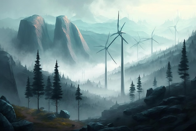 Digital painting of wind turbines in a foggy valley Generative AI