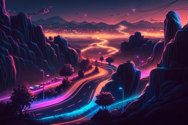 Digital painting of winding road at night Generative AI