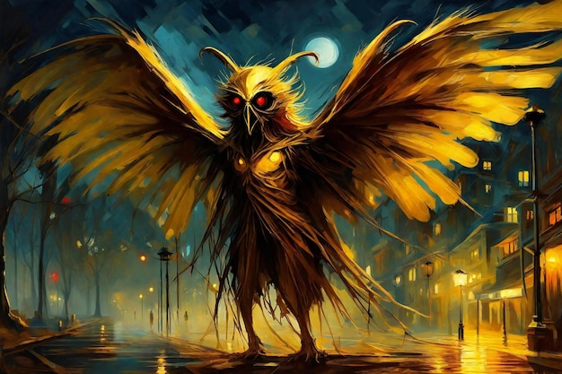 Digital painting of a winged dragon in a city street at night