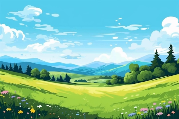 Цифровая живопись с зеленью горы холмы луга голубое небо