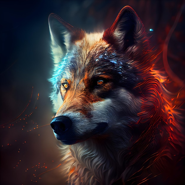 Digital painting of a wolf in the forest with fire and smoke